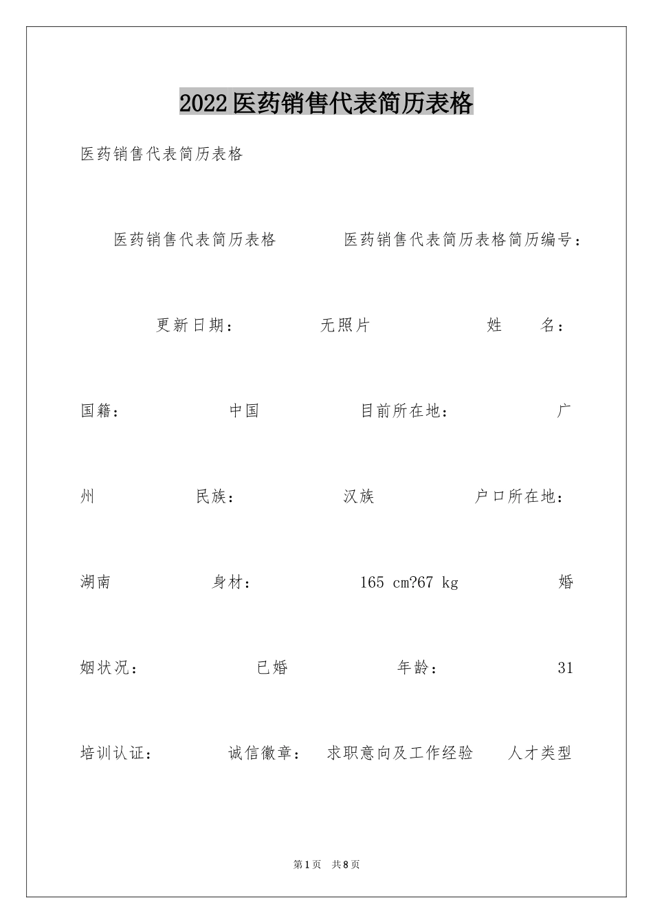 2024医药销售代表简历表格_第1页