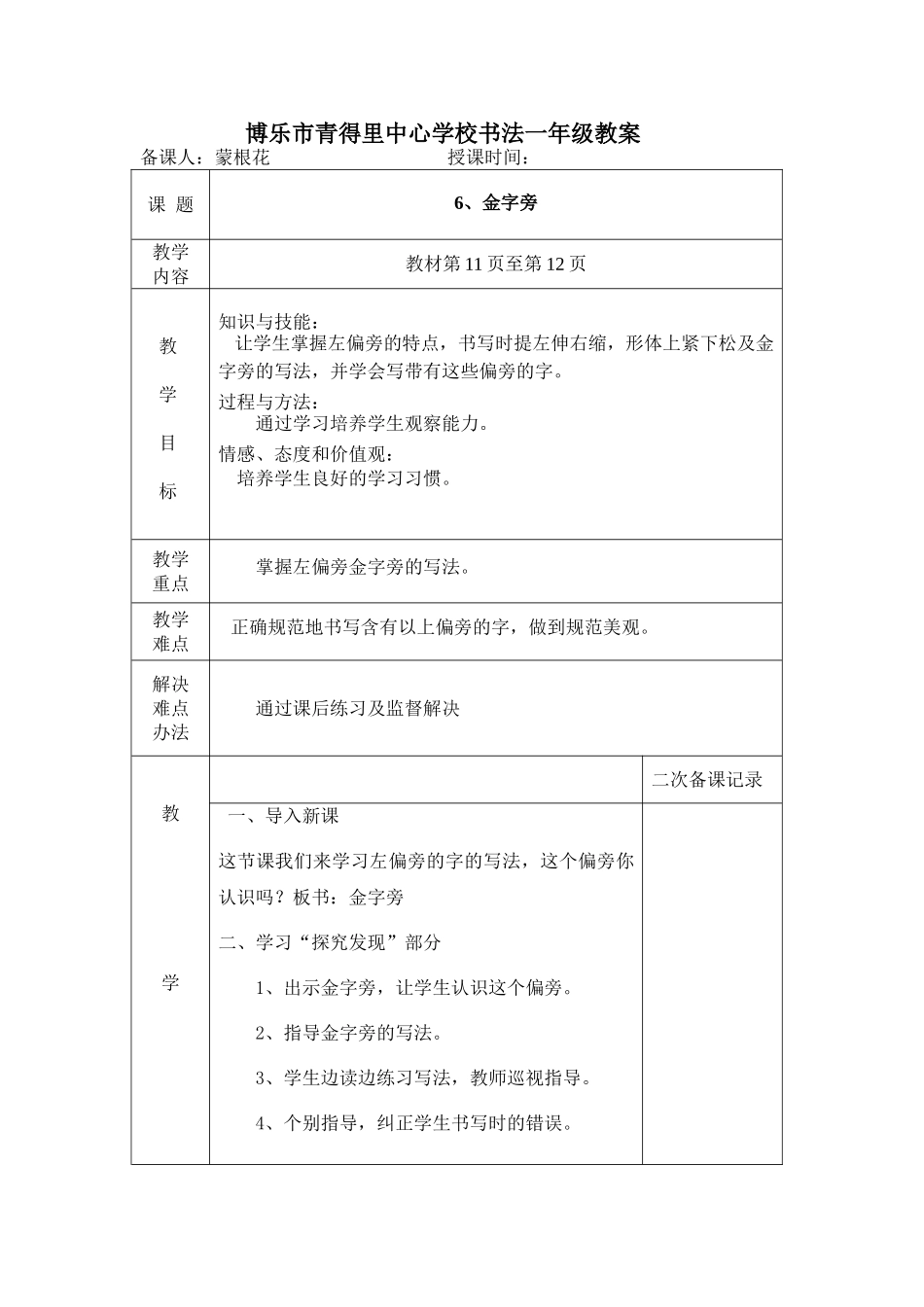 一年级下册金字旁教案_第1页