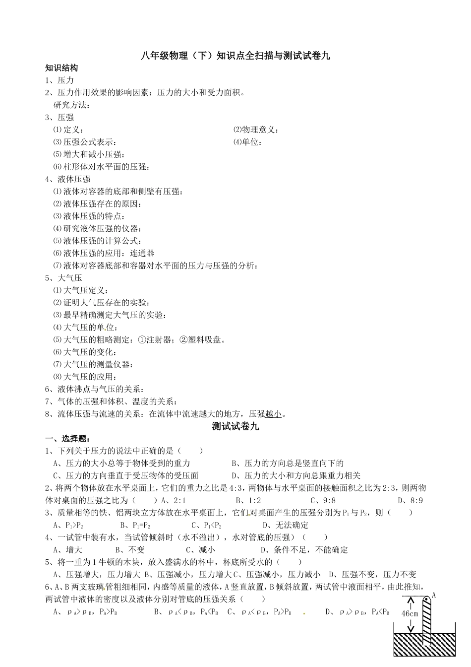 八年级物理（下）知识点全扫描与测试试卷九_第1页