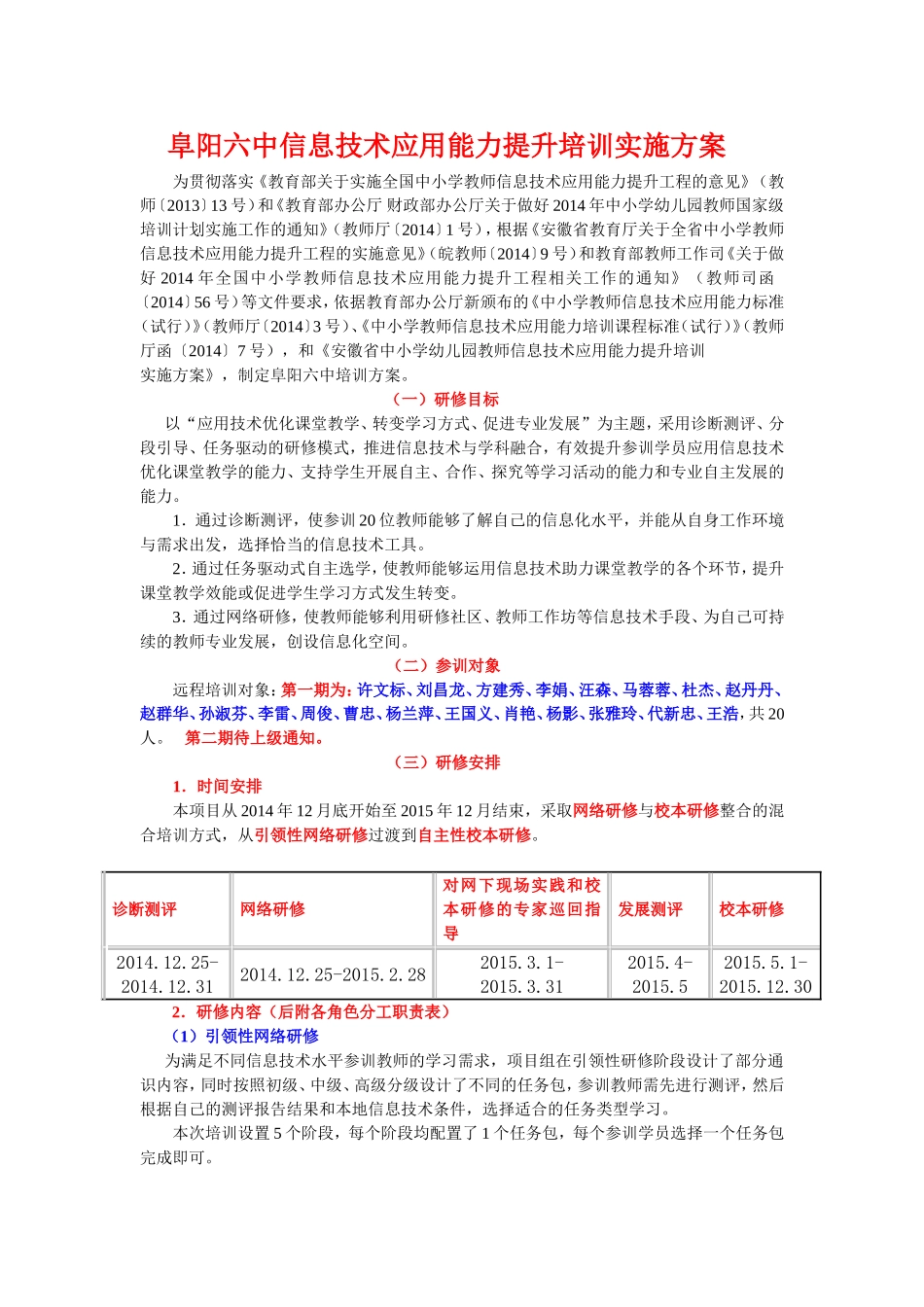 阜阳六中信息技术应用能力提升培训实施方案_第1页