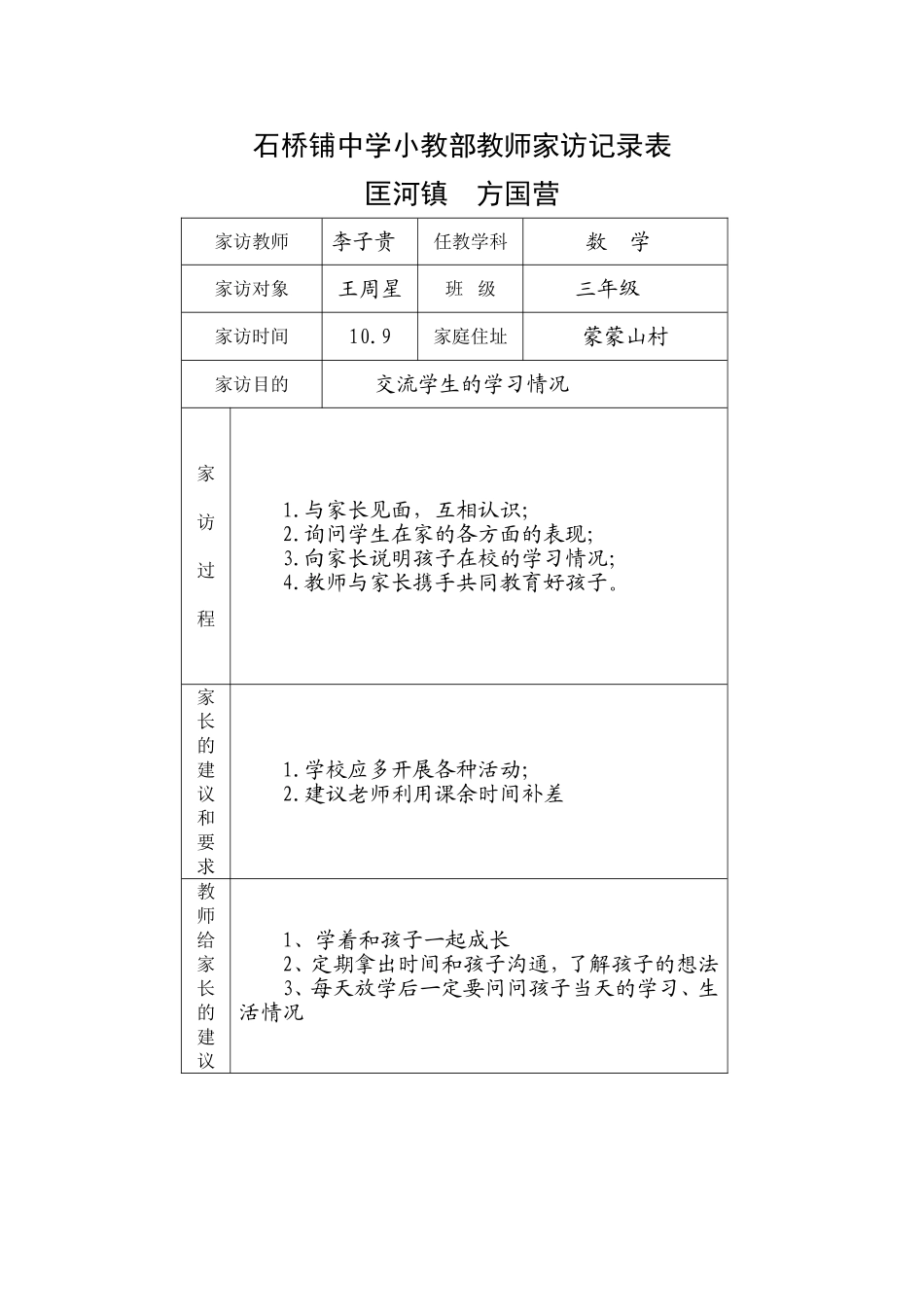 石桥铺中学小教部教师家访记录_第1页
