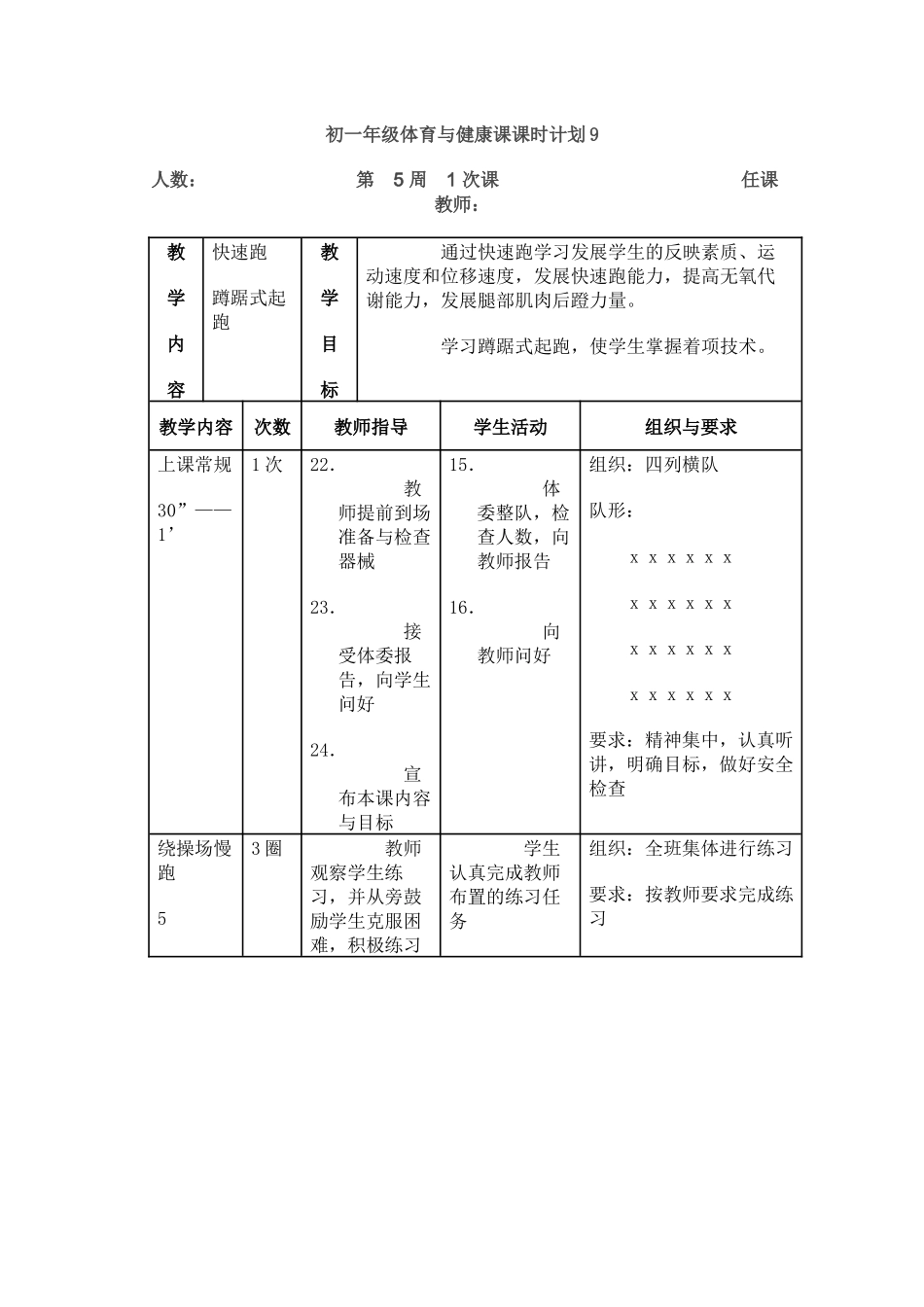 初一年级体育与健康课课时计划9_第1页