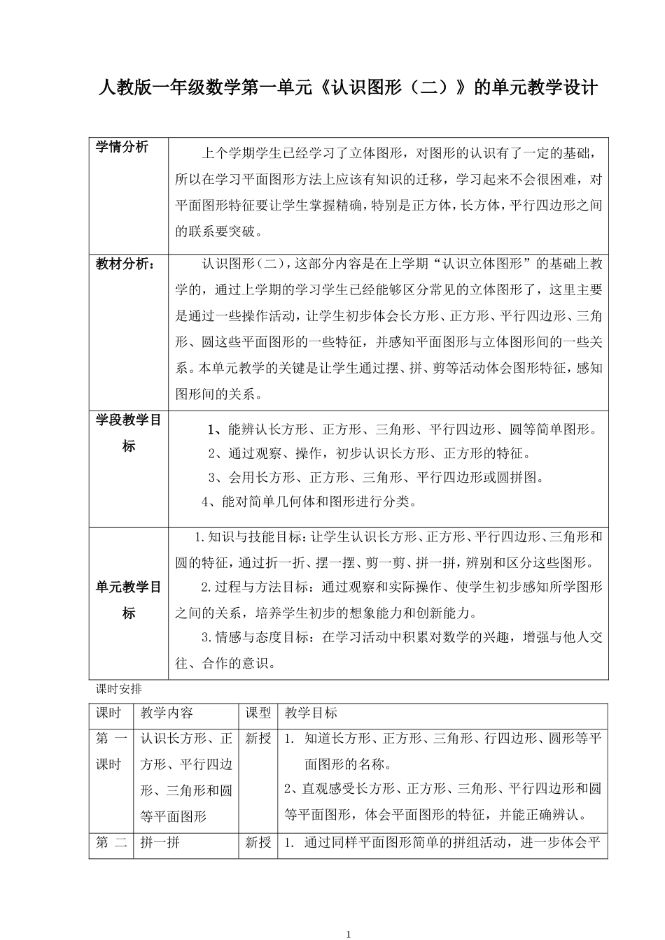 人教版一年级数学第一单元《认识图形（二）》的单元教学设计_第1页