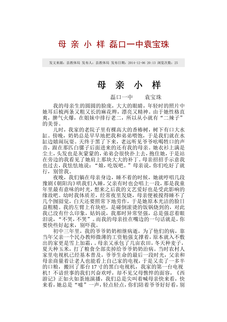 母亲小样磊口一中袁宝珠_第1页