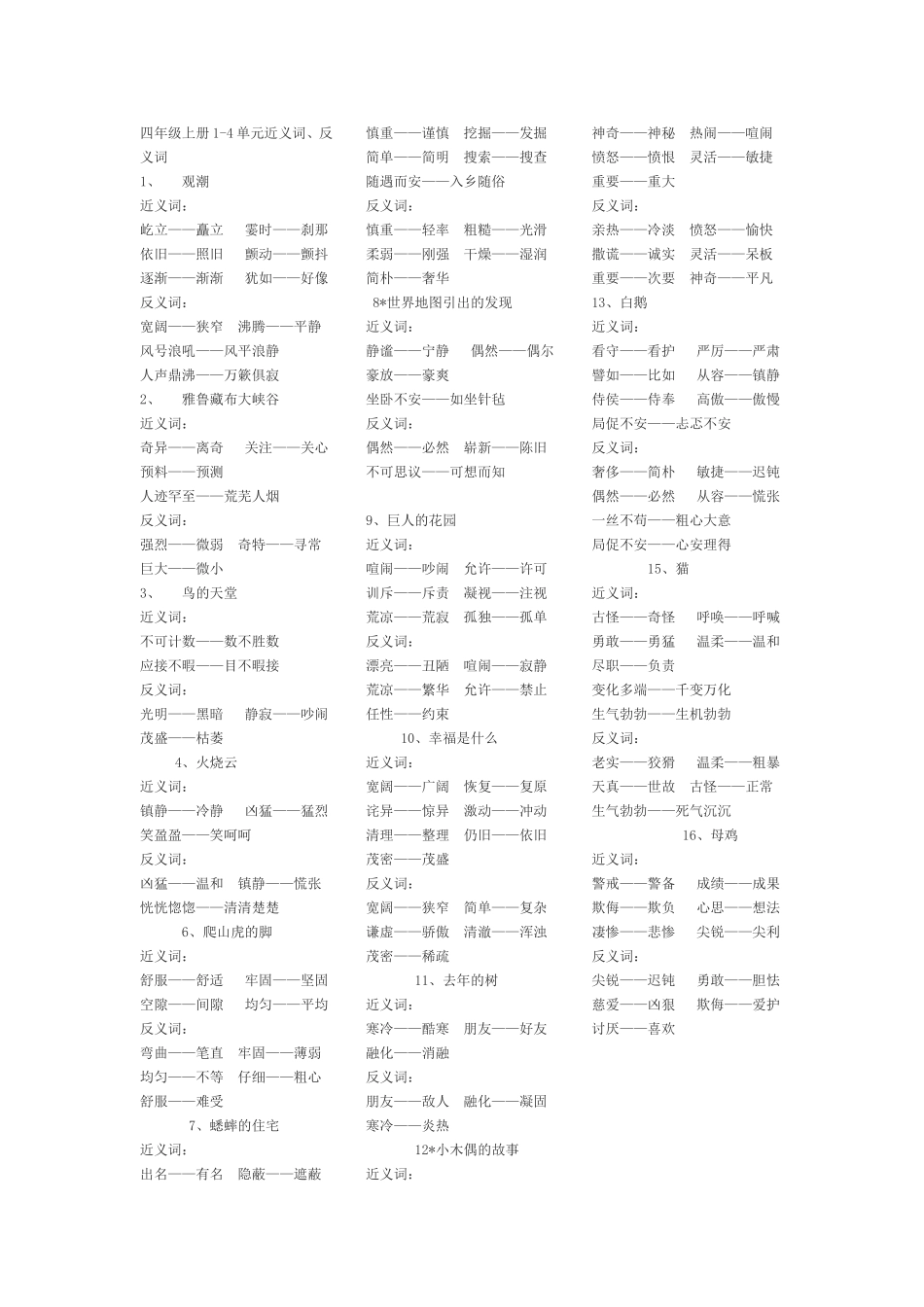 四年级上册1-4单元近义词、反义词(打印稿)_第1页