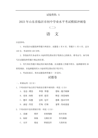 2023年人教版初中山东省临沂市初中学业水平考试语文模拟冲刺卷含答案