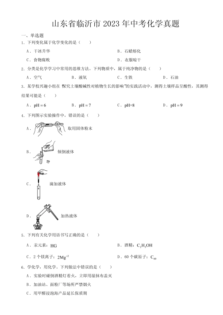 山东省临沂市2023年中考化学真题(附参考答案) _第1页