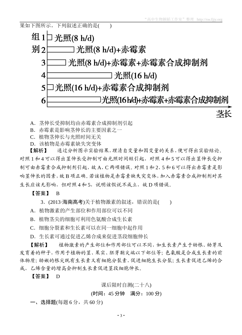 2015高考生物大一轮复习配套精题细做：植物的激素调节（双基题组+高考题组，含解析）_第3页