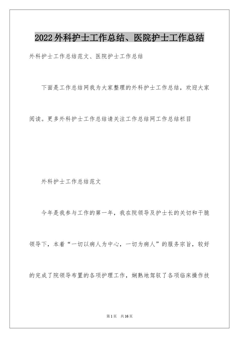 2024外科护士工作总结、医院护士工作总结_第1页