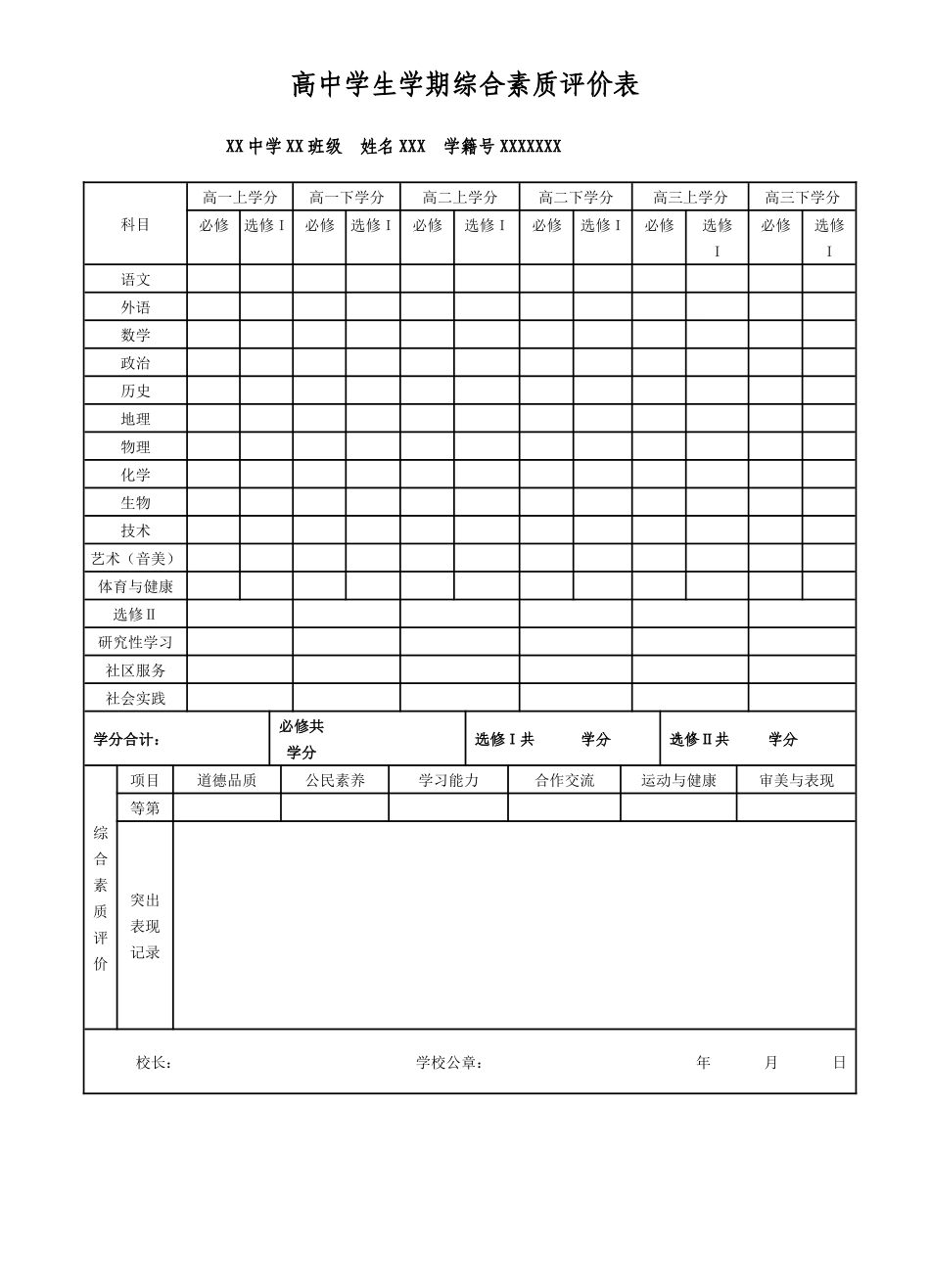 高中学生学期综合素质评价表_第1页