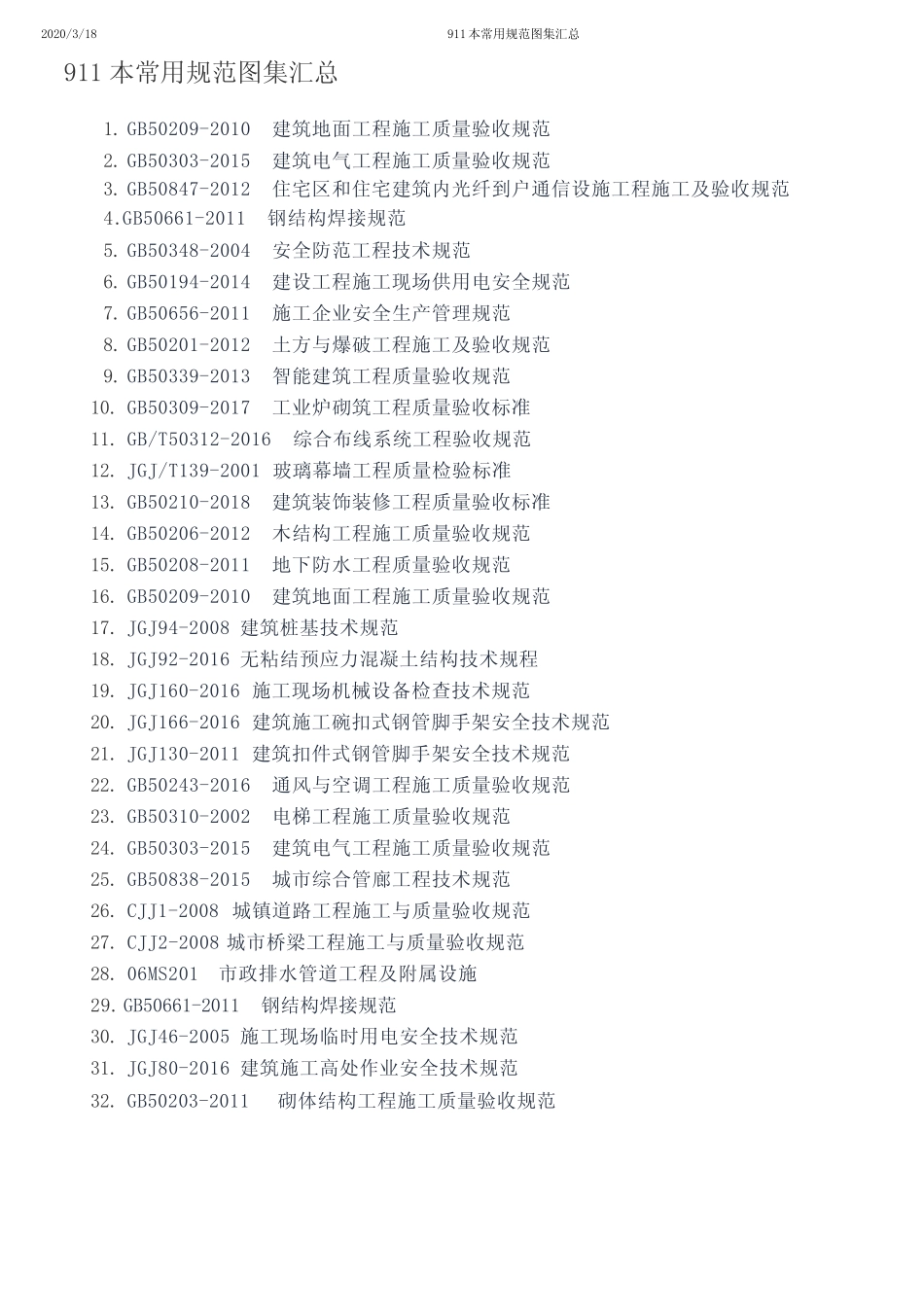 911本建筑工程常用规范图集汇总_20200331 _第1页