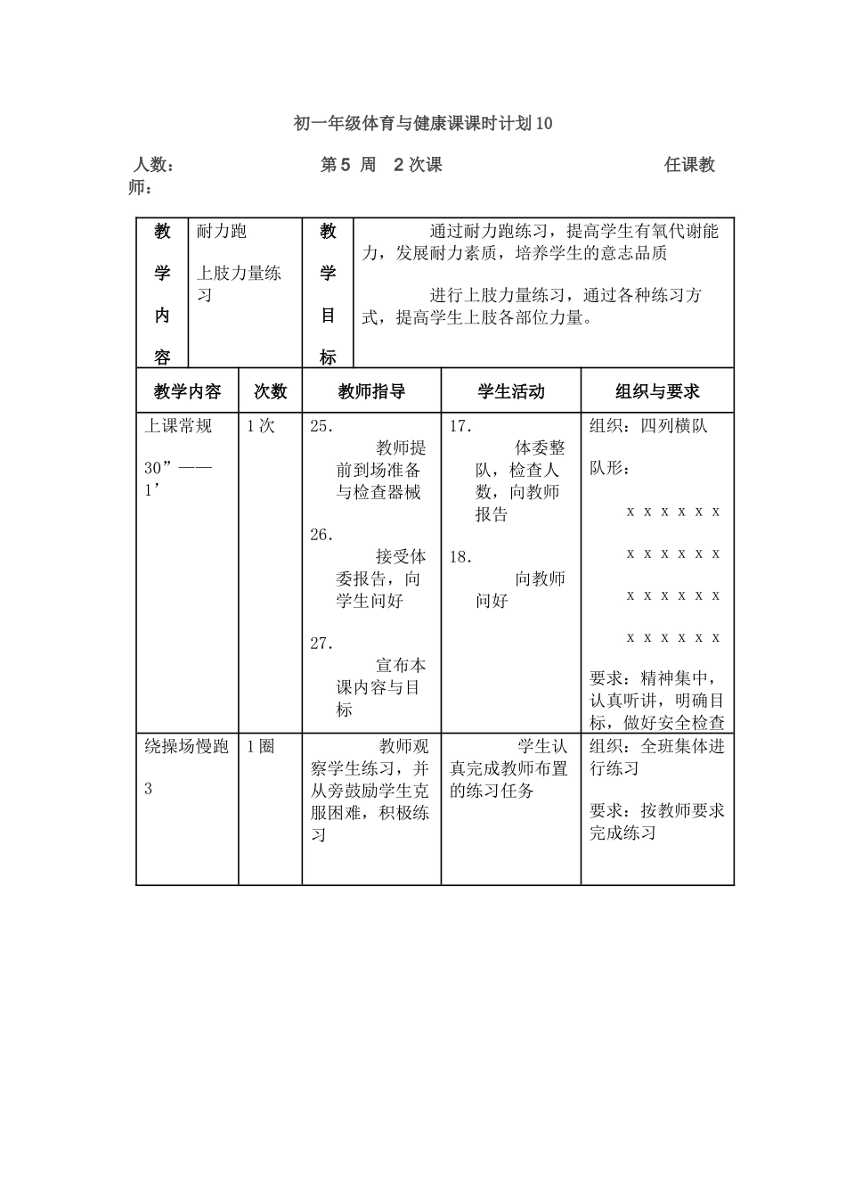 初一年级体育与健康课课时计划10_第1页