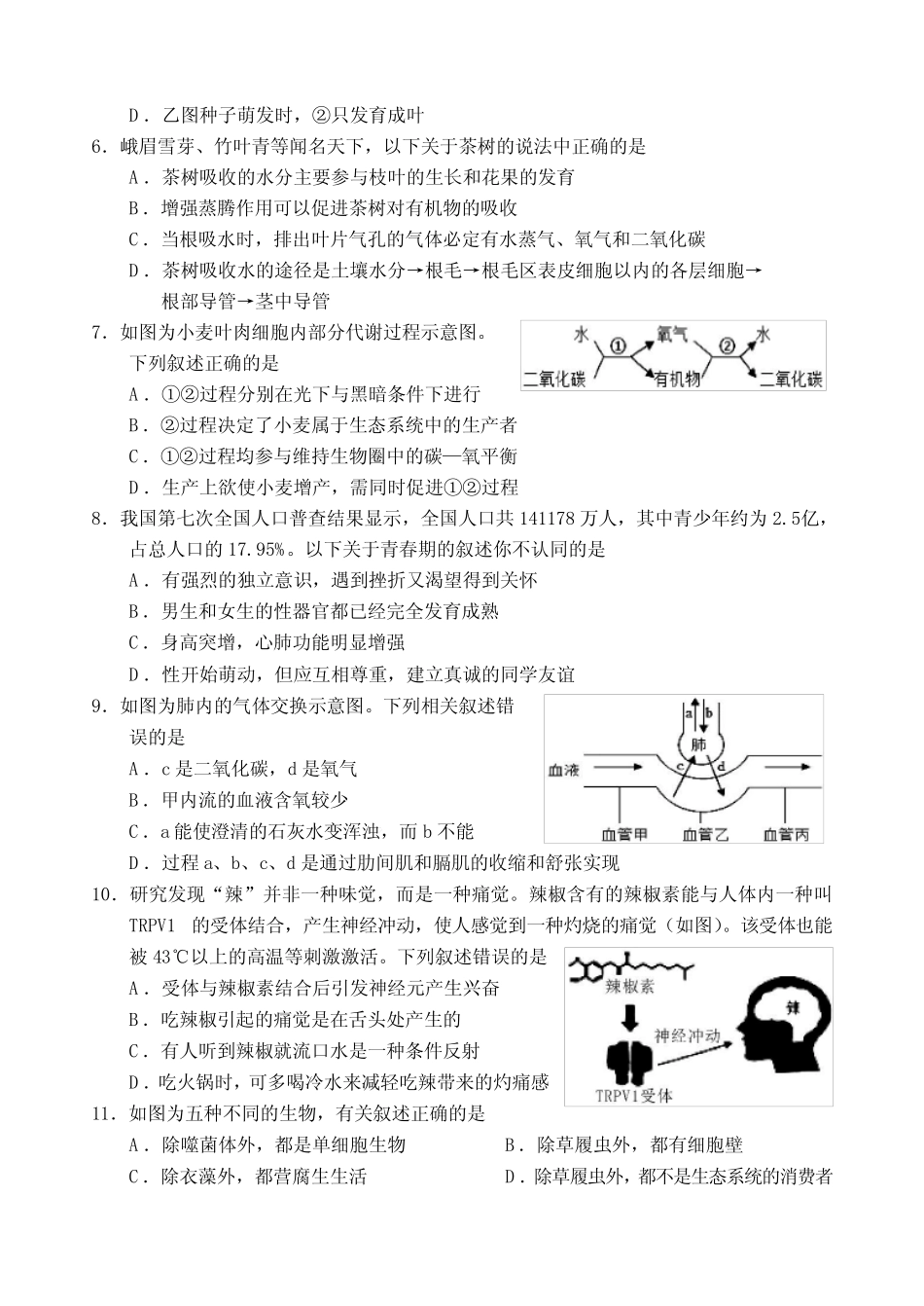 2023年四川省乐山市市中区八年级中考模拟生物试题 _第2页