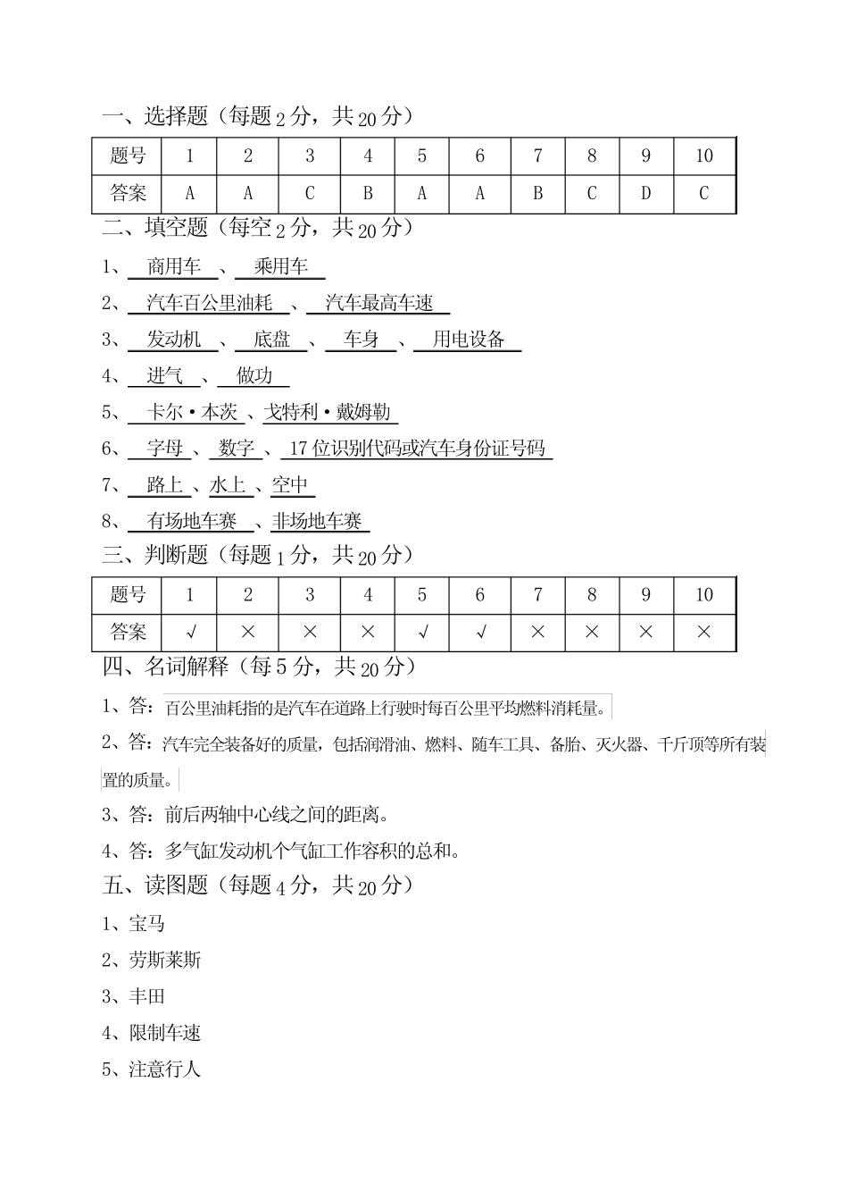 《汽车概论》试卷(A)参考答案及评分标准 _第1页