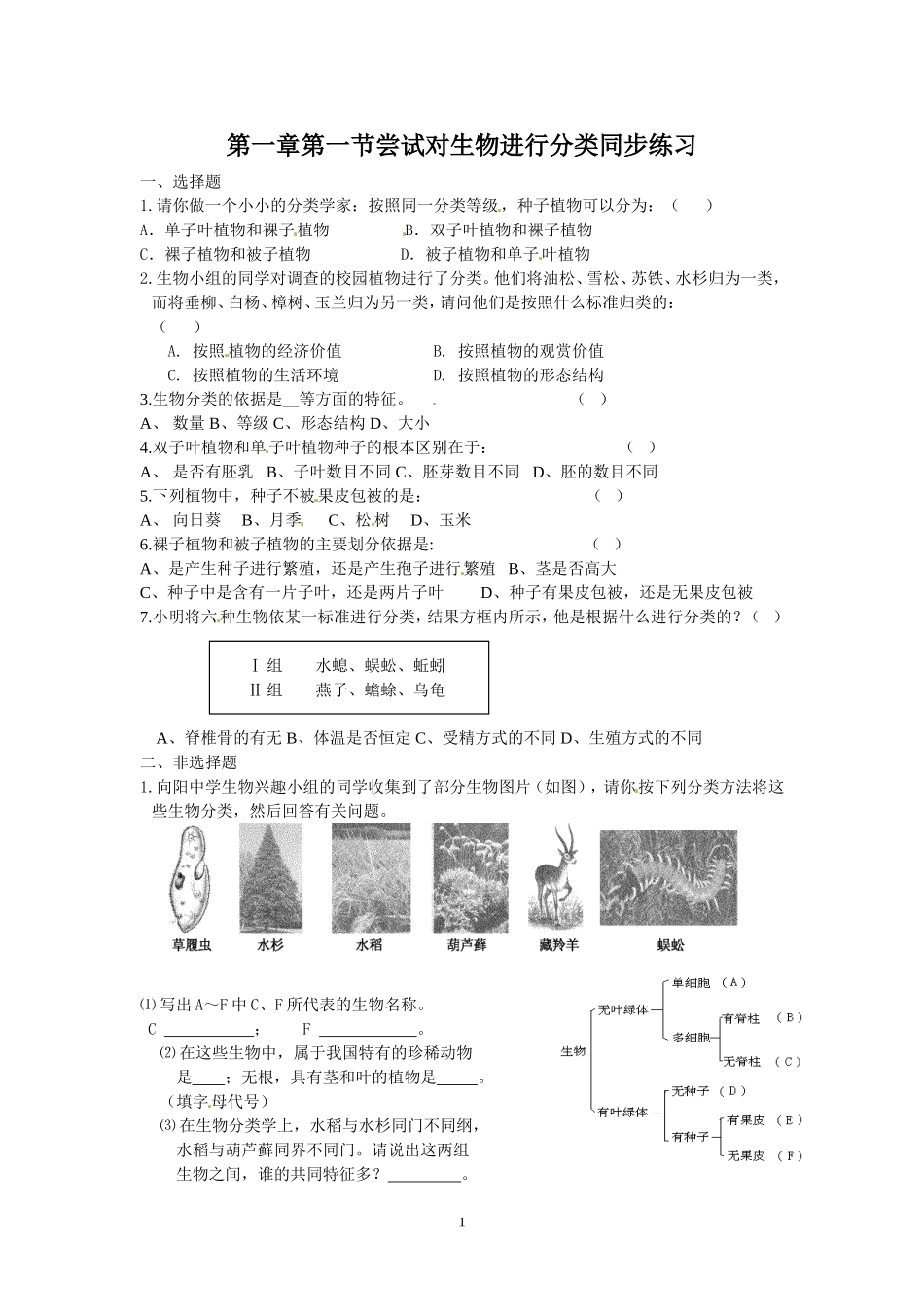 尝试对生物进行分类同步练习_第1页