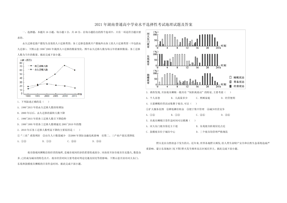 2021年湖南普通高中学业水平选择性考试地理试题及答案 _第1页