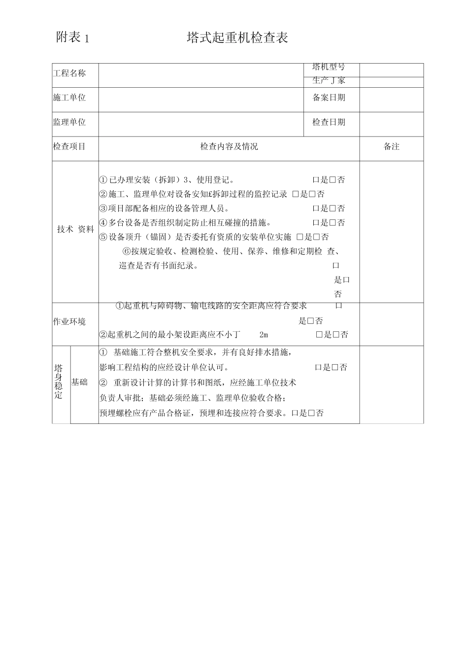 塔式起重机检查表_第1页