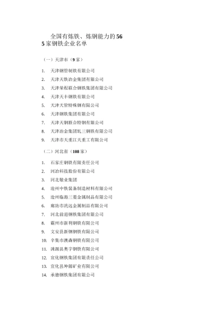 全国有炼铁、炼钢能力的565家钢铁企业名单