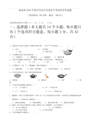 2016年海南省中考化学试题(含答案) 