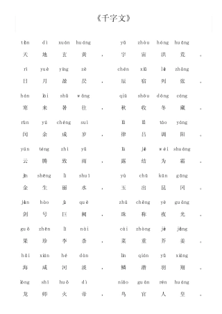 新《千字文》全文(带拼音) 