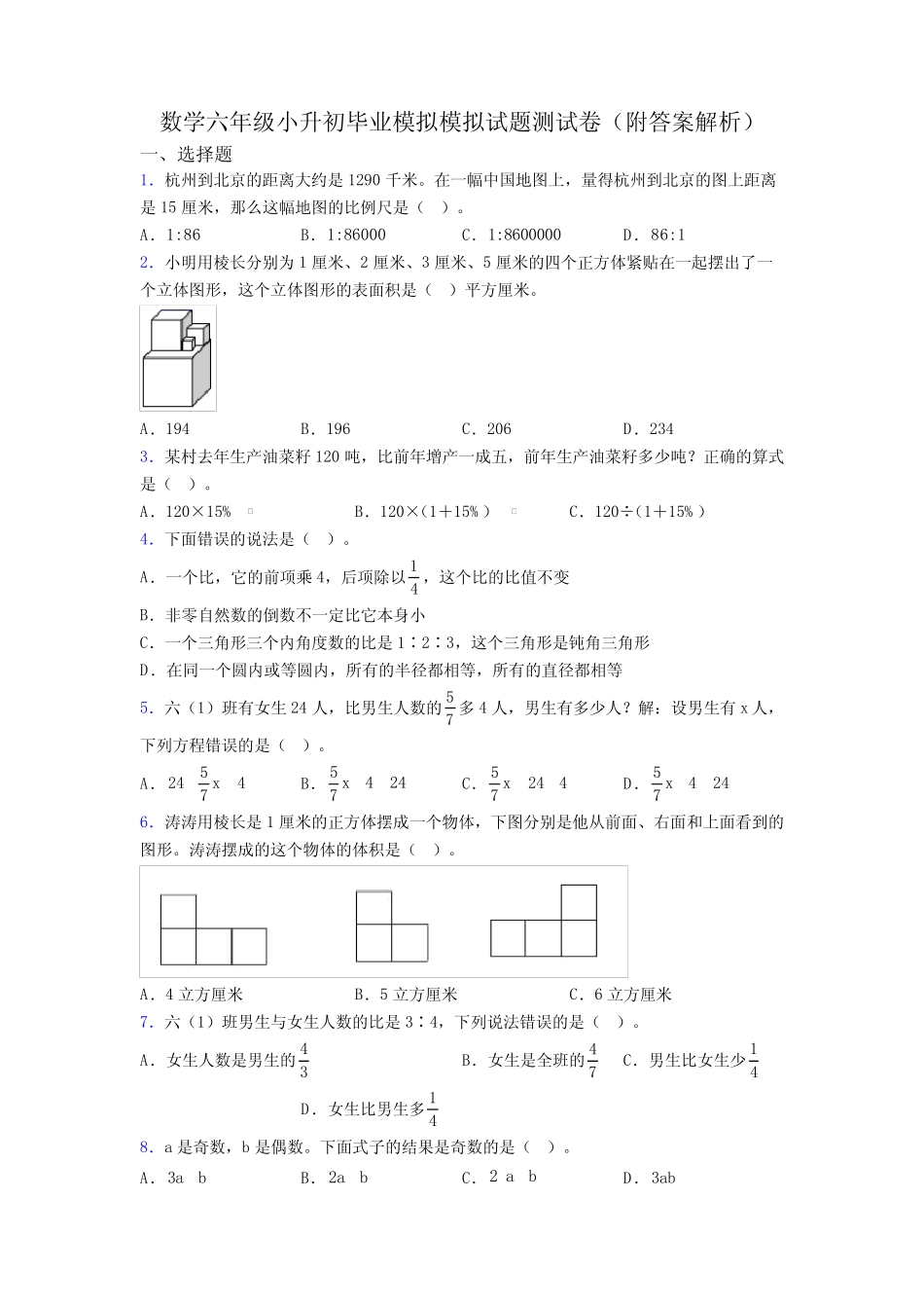 数学六年级小升初毕业模拟模拟试题测试卷(附答案解析) _第1页