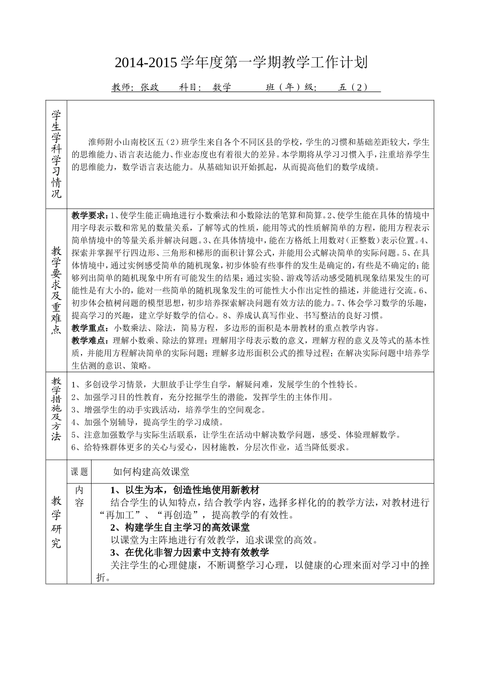 2014-2015学年度第一学期教学工作计划(张政)_第1页