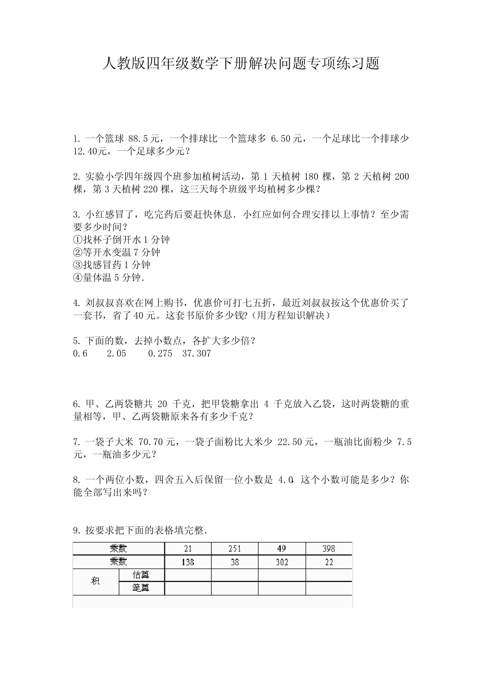人教版四年级数学下册解决问题专项练习题 _第1页