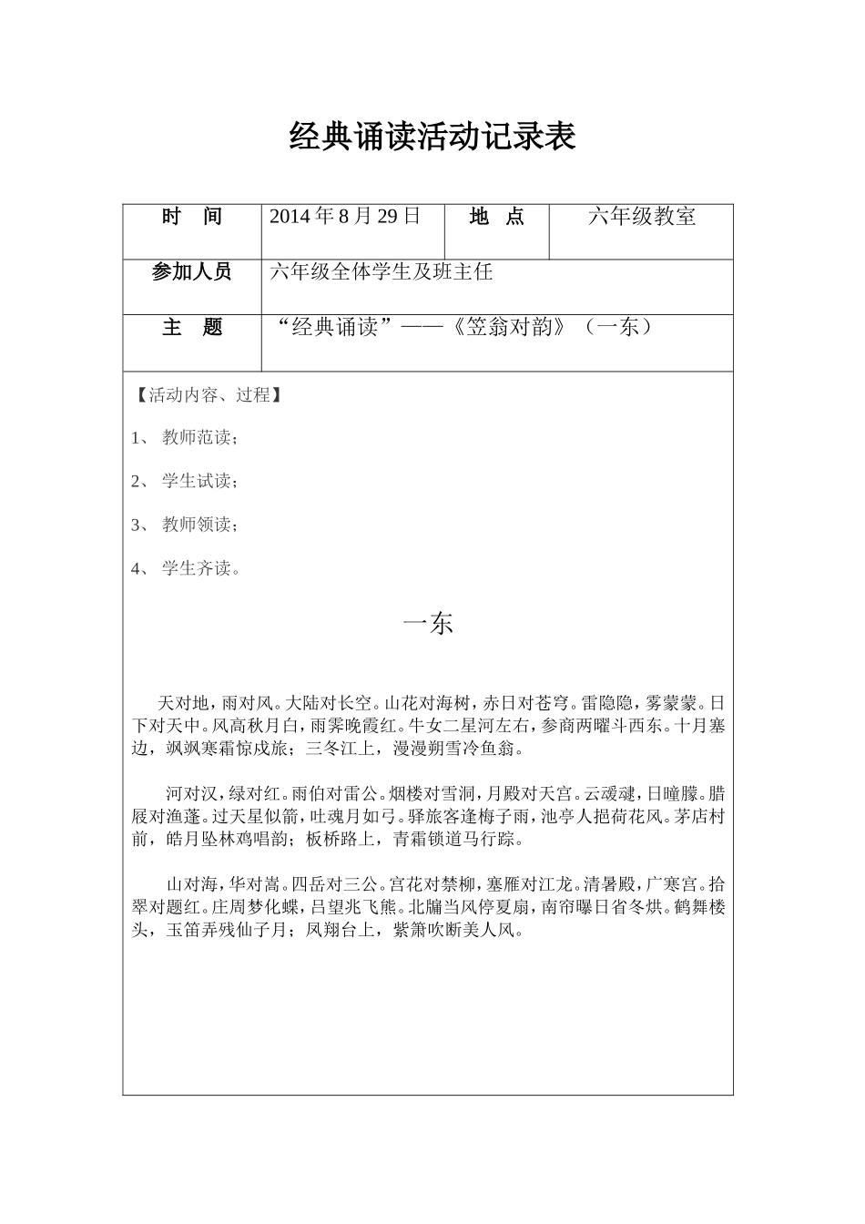 经典诵读活动记录表_第1页