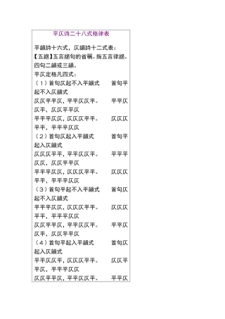 平仄诗二十八式格律表
