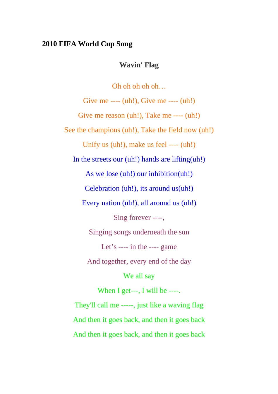 2010FIFAWorldCupThemeSong（歌词不全）_第1页