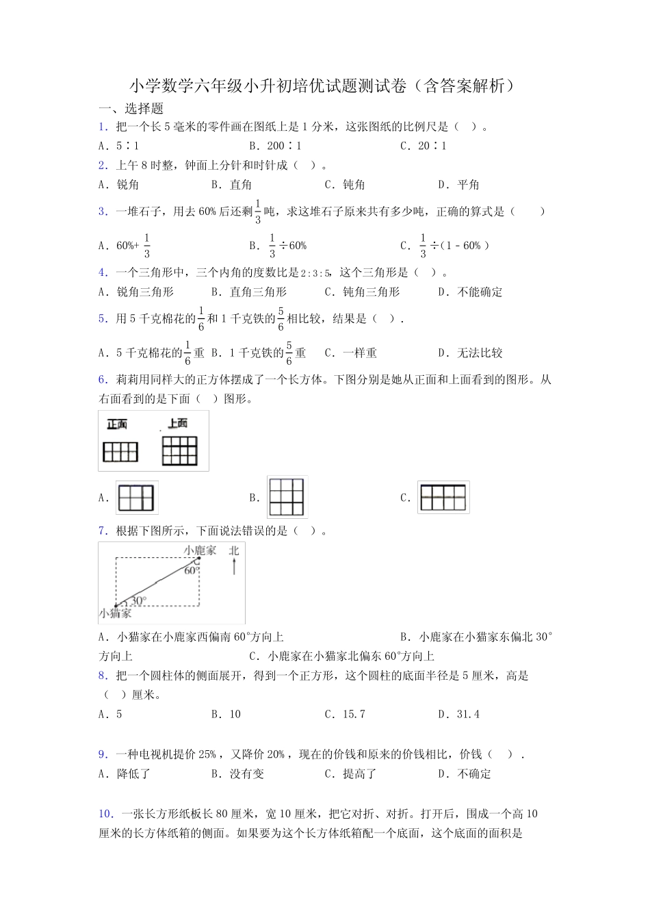 小学数学六年级小升初培优试题测试卷(含答案解析) _第1页