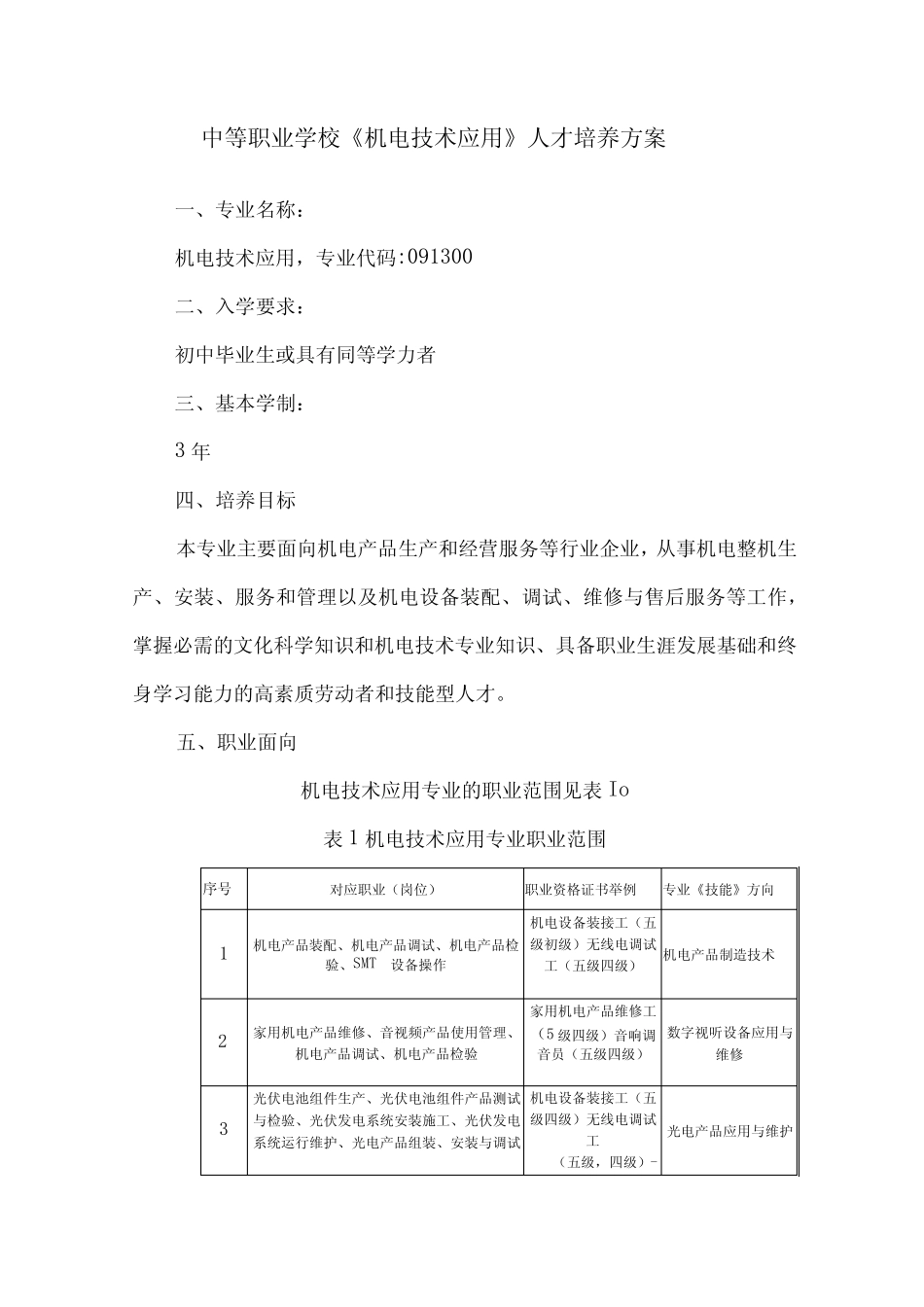 中等职业学校《机电技术应用》人才培养方案 _第1页
