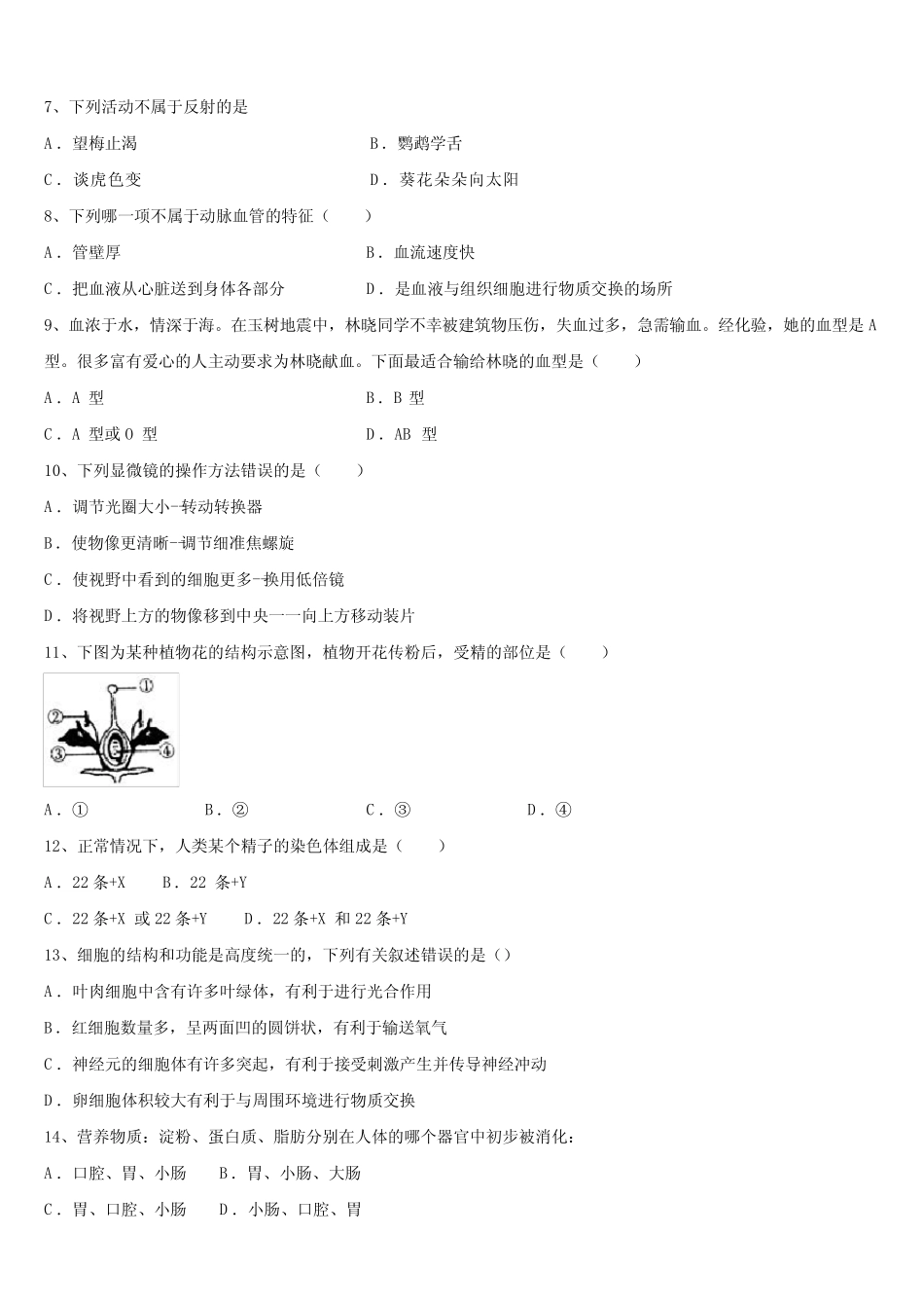 2024届随州市重点中学中考四模生物试题含解析 _第2页