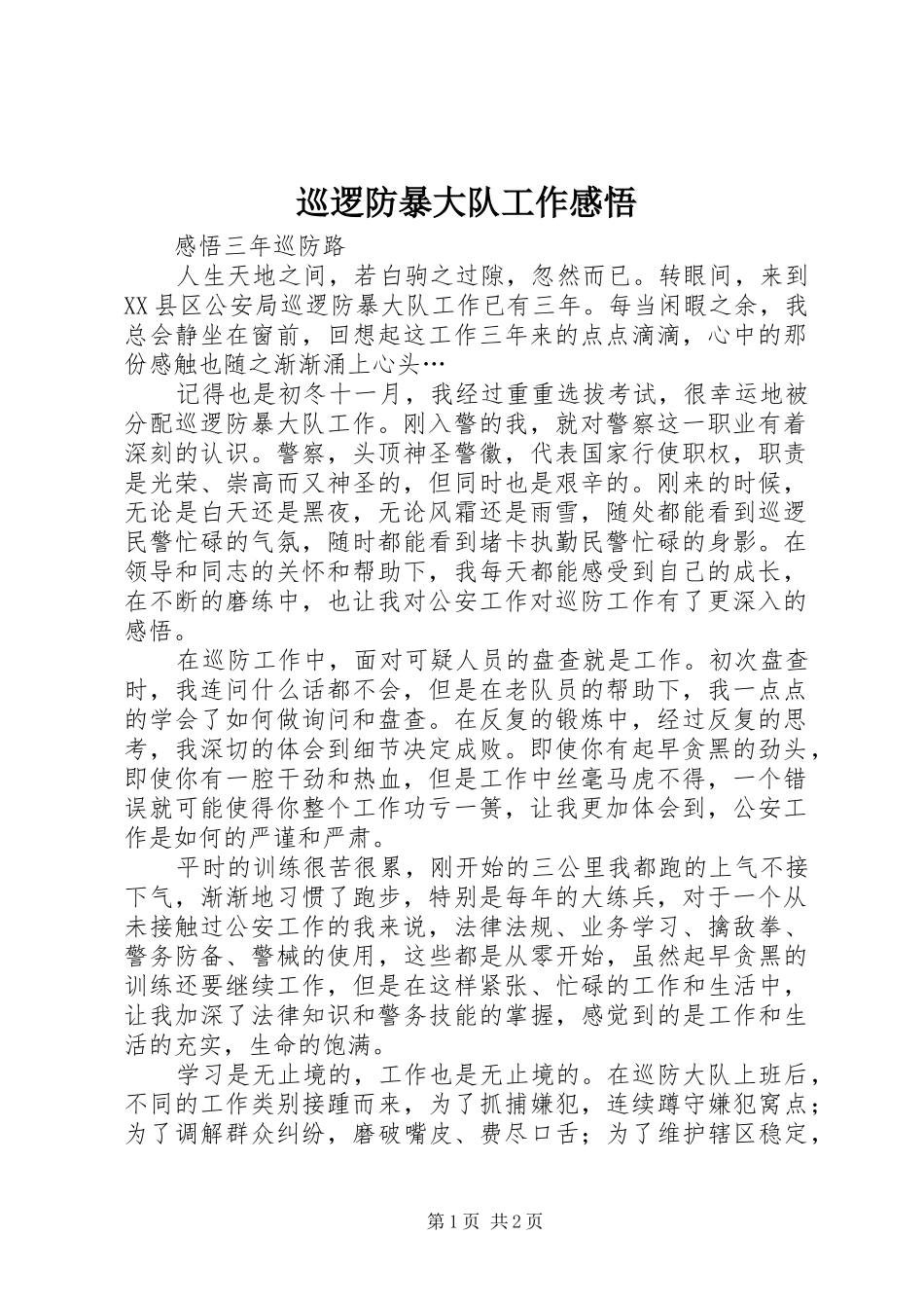 巡逻防暴大队工作感悟_第1页