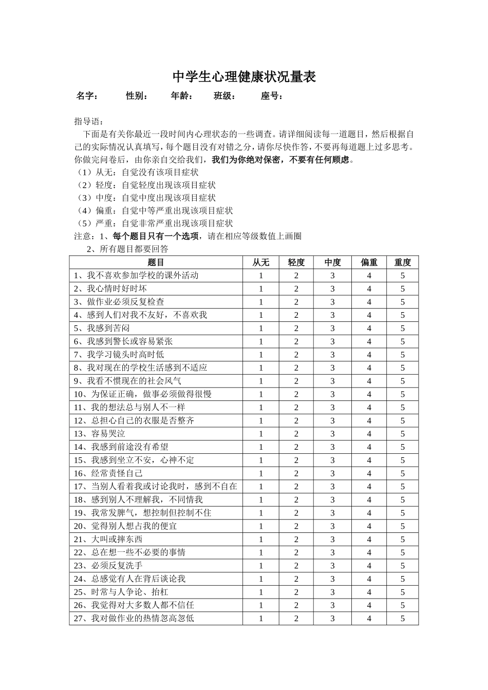中学生心理健康状况量表_第1页