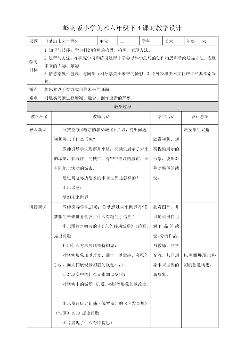 岭南版小学六年级美术下册 《梦幻未来世界》教案 _第1页