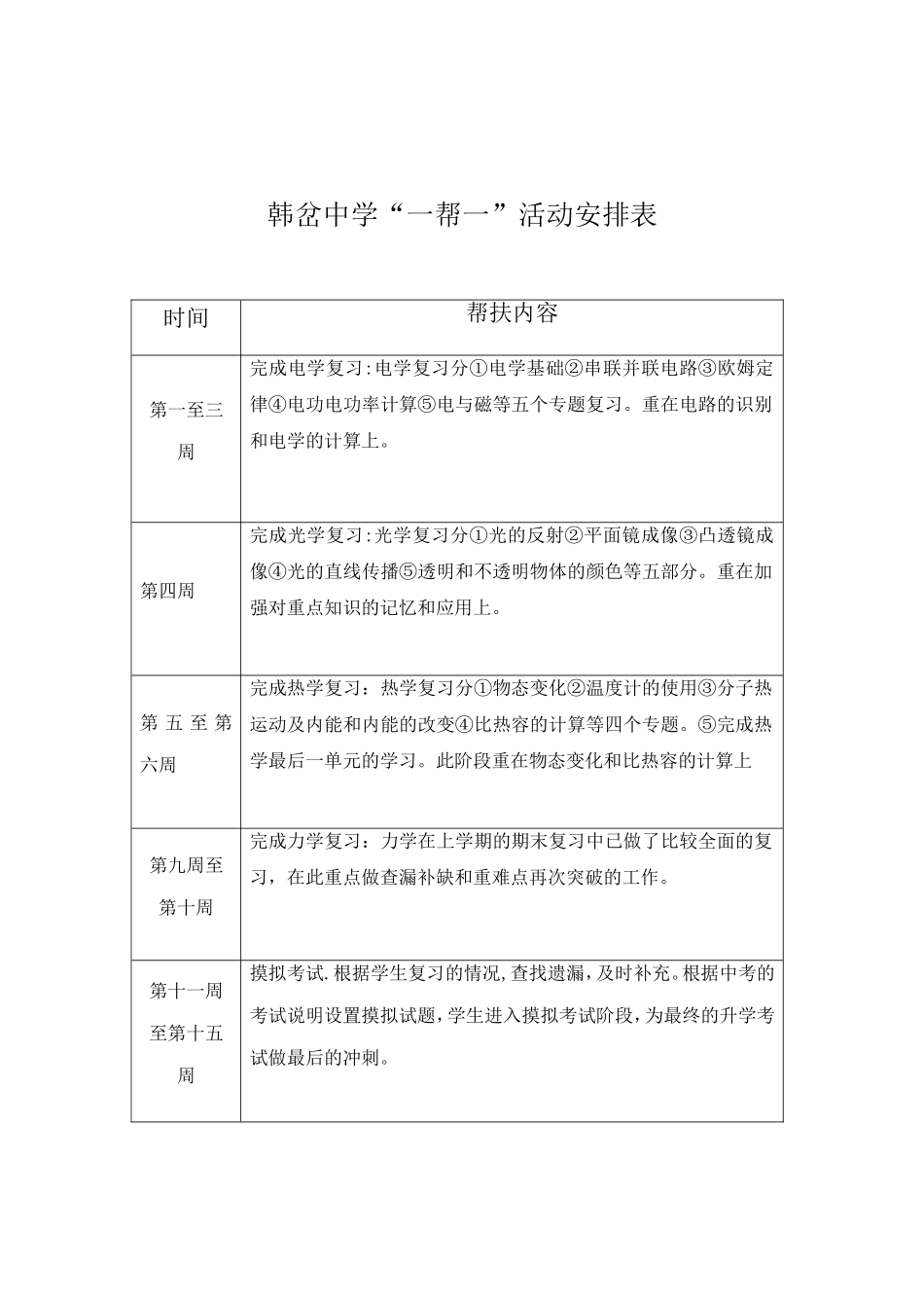 韩岔中学“一帮一”活动安排表_第1页