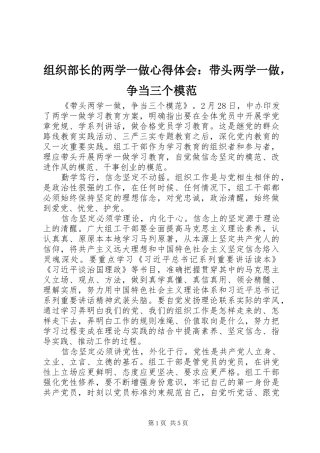 组织部长的两学一做心得体会：带头两学一做，争当三个模范