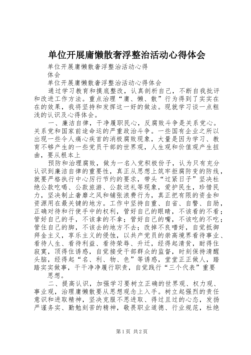 单位开展庸懒散奢浮整治活动心得体会_第1页