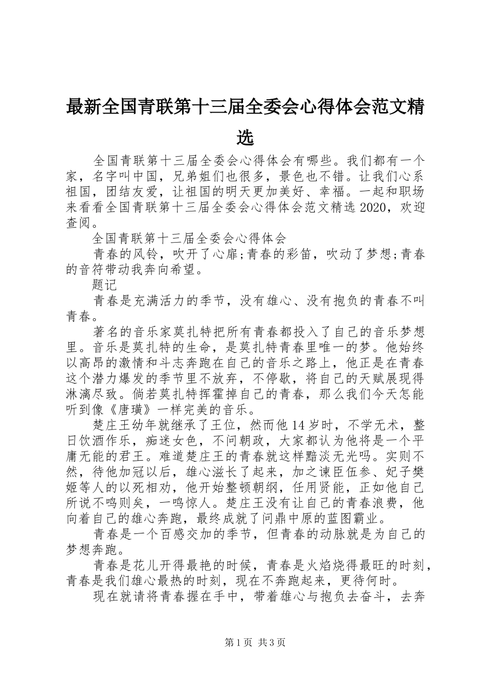 最新全国青联第十三届全委会心得体会范文精选_第1页