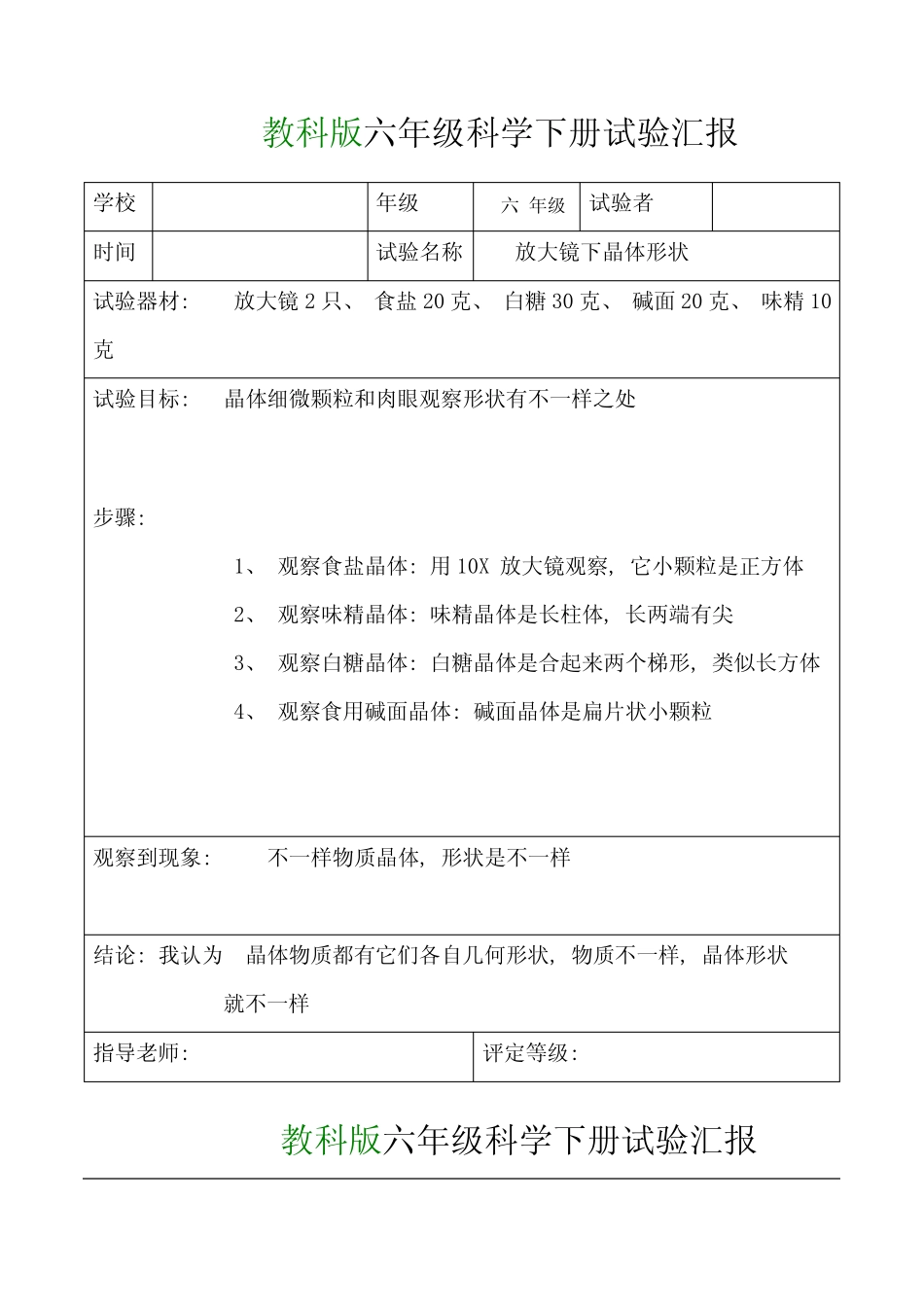 2021年教科版六年级科学下册实验报告单 _第2页
