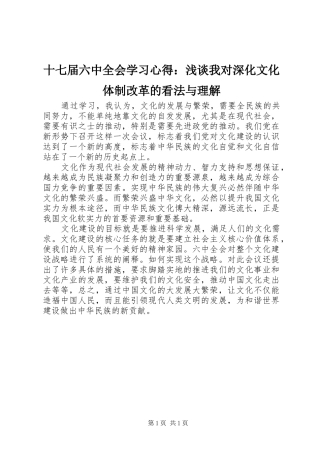 十七届六中全会学习心得：浅谈我对深化文化体制改革的看法与理解