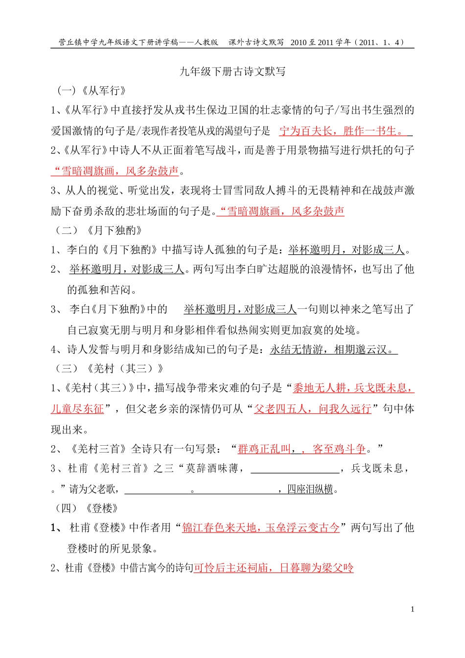 人教版九年级下册古诗文默写_第1页