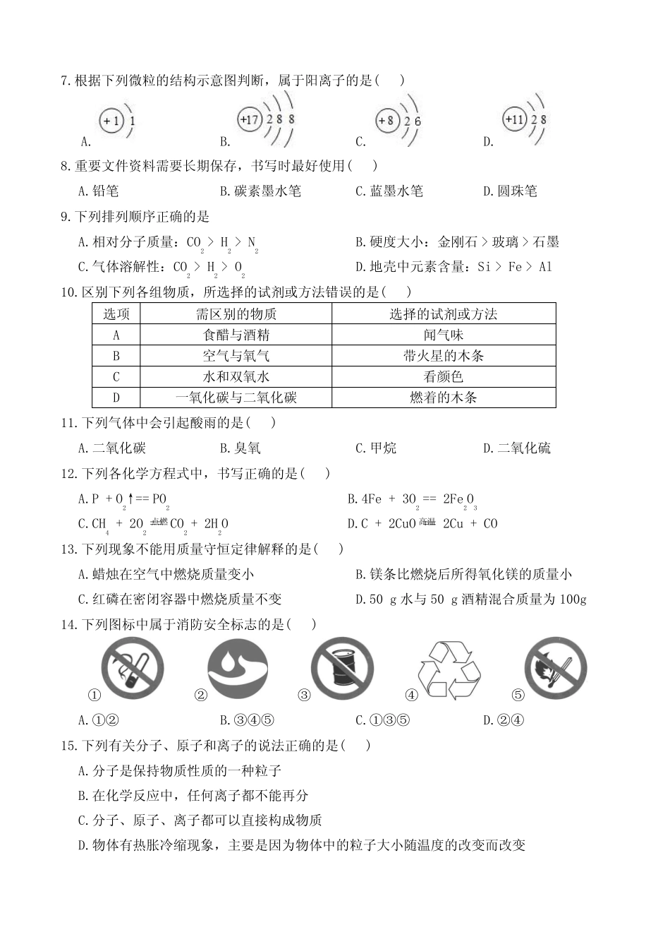 人教版2018-2019学年度上学期初三化学期末试卷及答案 _第2页