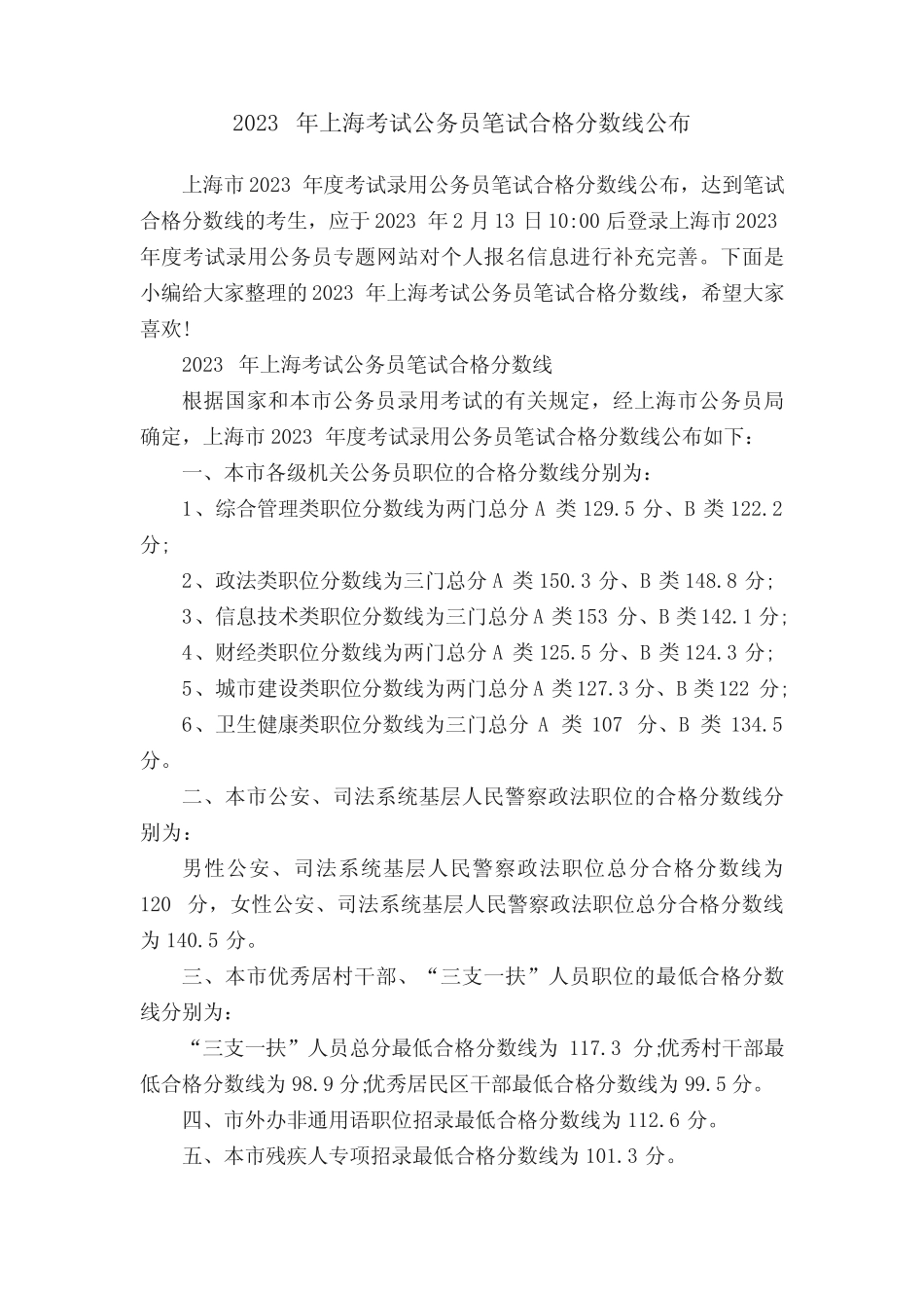 2023年上海考试公务员笔试合格分数线公布 _第1页
