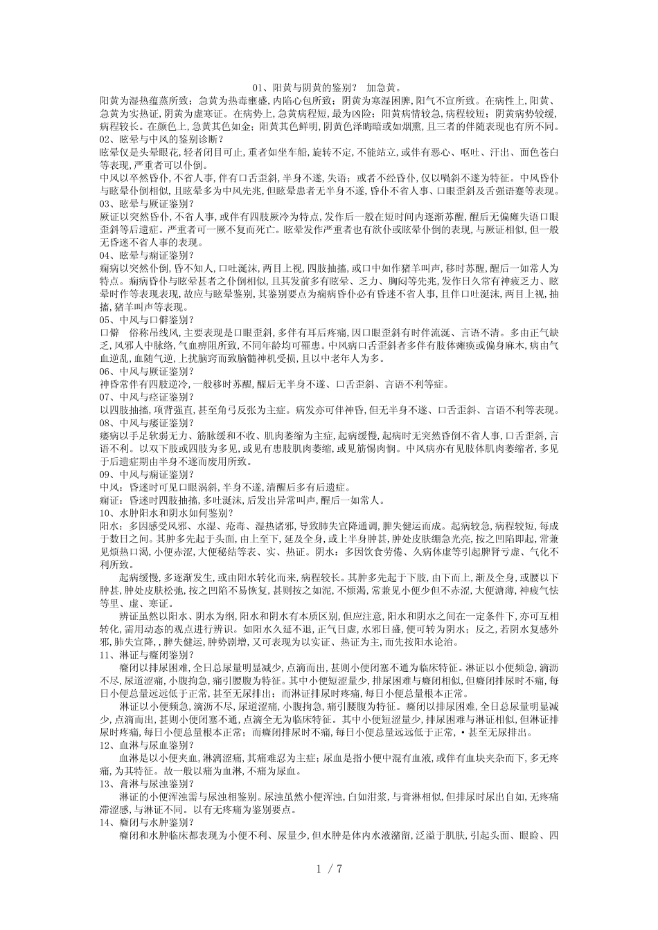 中医内科鉴别诊断重点复习题_第1页