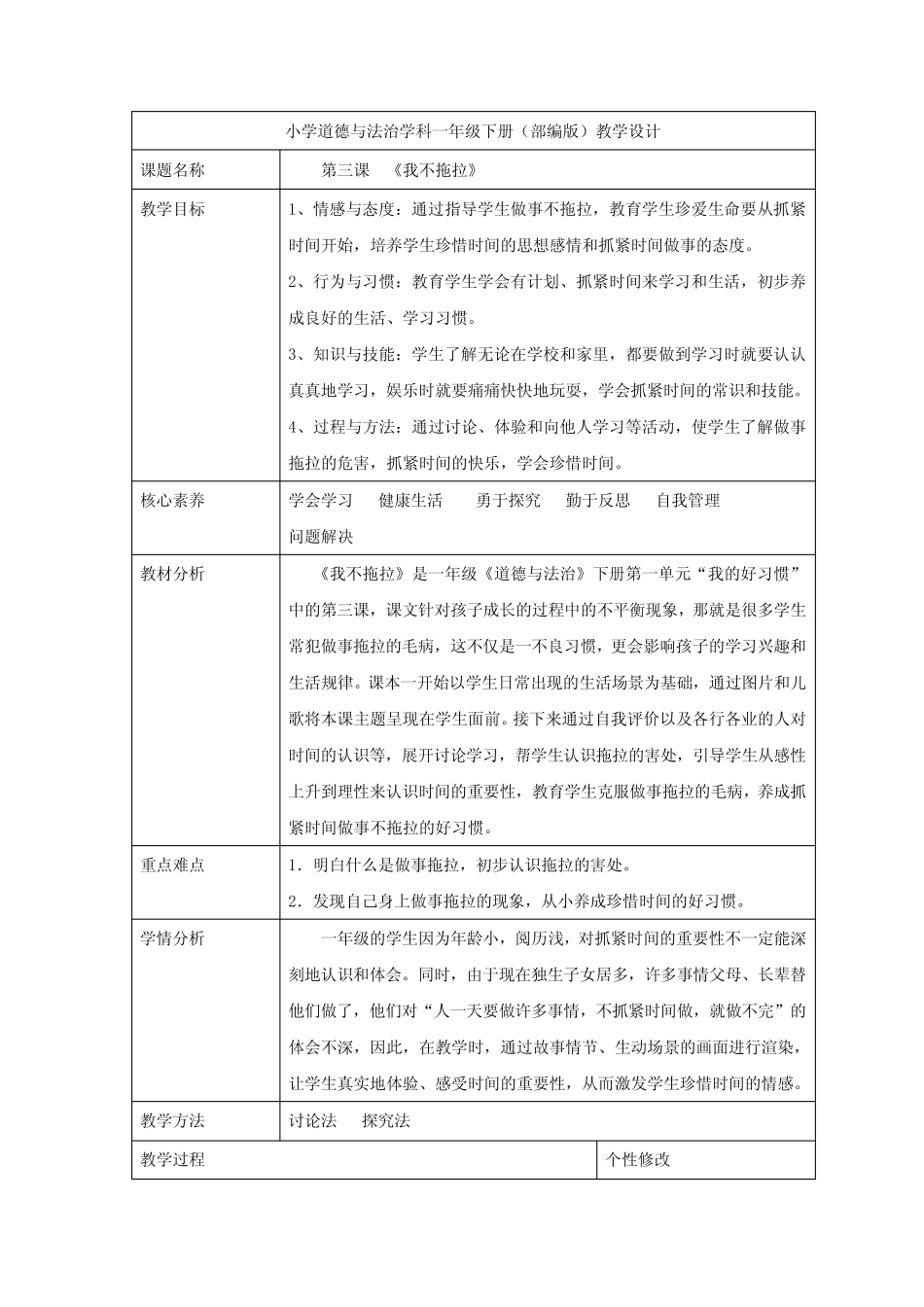 小学思想政治_我不拖拉教学设计学情分析教材分析课后反思 _第1页