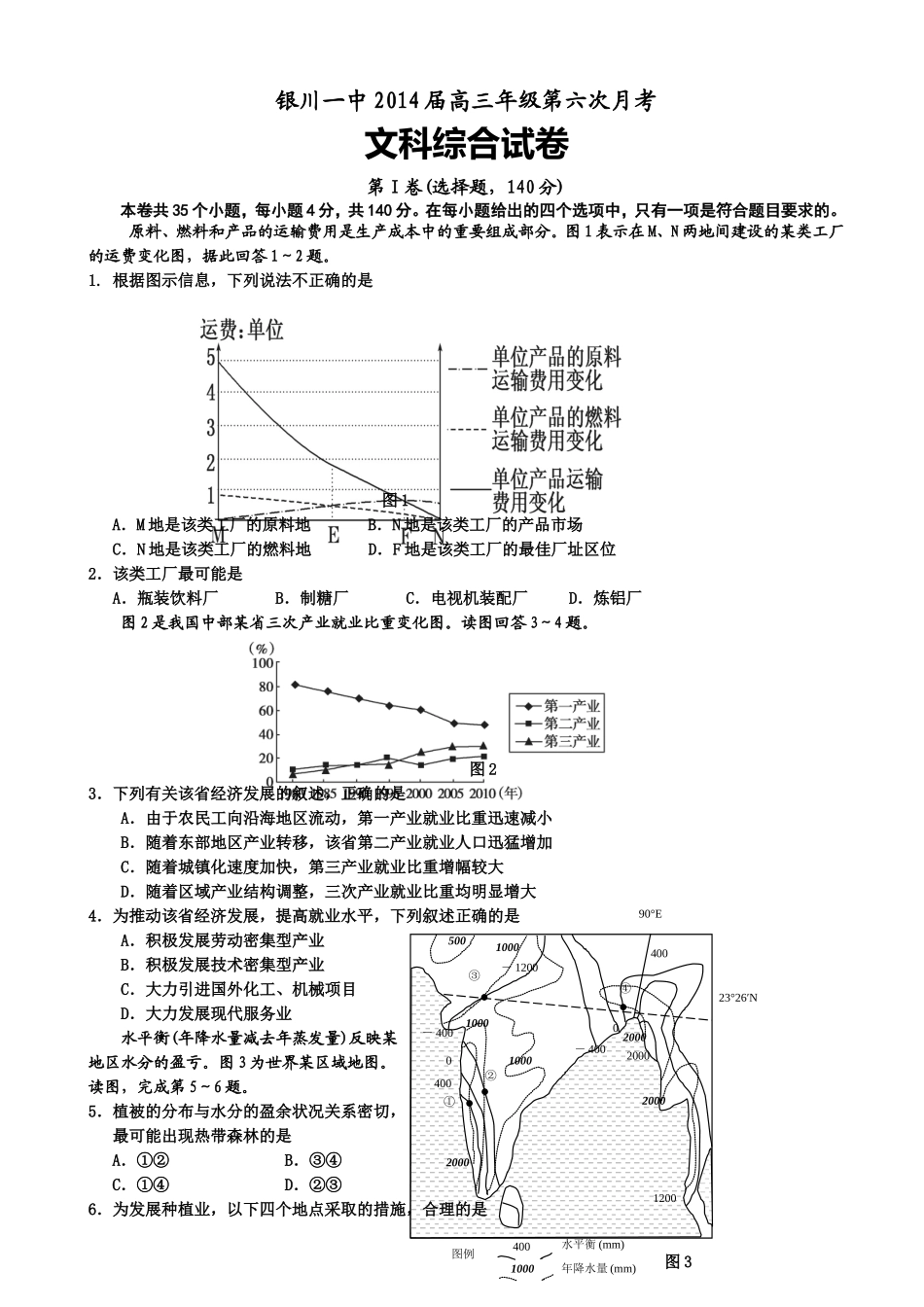 宁夏银川一中2014届高三上学期第六次月考文综试题_第1页