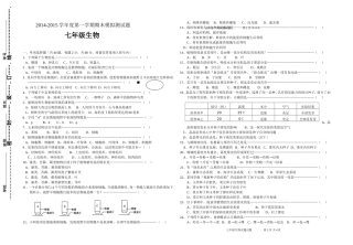 2014-2015学年七年级第一学期期末模拟测试题