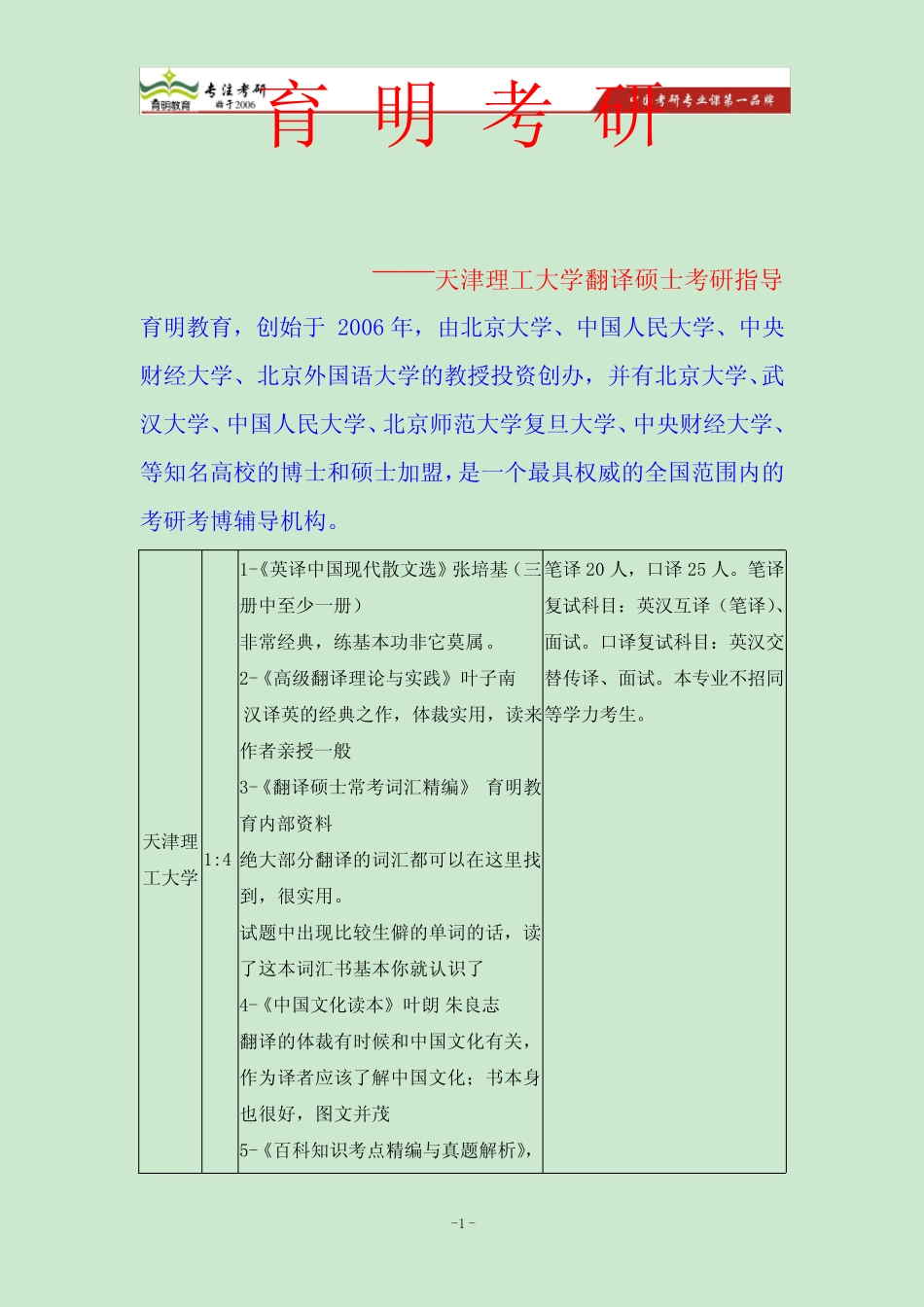 2015天津理工大学翻译硕士考研指导翻硕真题考研经验指导招生目录分数线_第1页